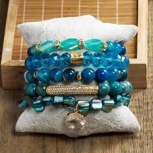 เครื่องประดับโบโฮทำมือ 5 ชิ้น ยางรัดผมแก้ว สายรัดผม กำไลข้อมือยางยืด กำไลข้อมือคริสตัลหินธรรมชาติ ชุดกำไลข้อมือแบบซ้อน - Product Image 2