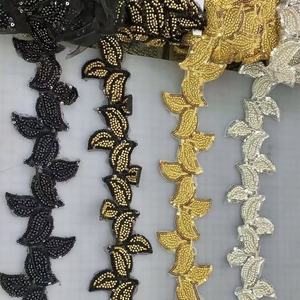 Ricamo a macchina di alta qualità con perline in <span class=keywords><strong>Tulle</strong></span> rifilatura in <span class=keywords><strong>oro</strong></span> perline e paillettes con fiori di pizzo per abiti - Product Image 3