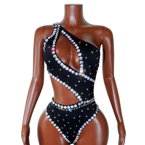 Combinaison personnalisée Techno <span class=keywords><strong>Noir</strong></span> Cyber Diva, justaucorps asymétrique à découpes avec strass 3D, tenue de scène pour le festival Coachella - Product Image 1