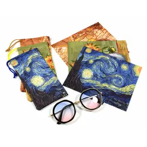 पूर्व धूप डिजिटल मुद्रण Drawstring microfiber चश्मा थैली धूप का चश्मा पैकेजिंग थैली बैग के साथ microfiber साफ कपड़े