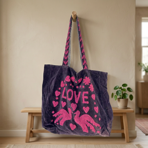 Wholesale Custom Handmade Purple Velvet Tote <b>Bag</b> Featuring Pink LOVE Lettering Doves <b>Hearts</b> and Floral Applique Embroidery Chic - Product Image 5