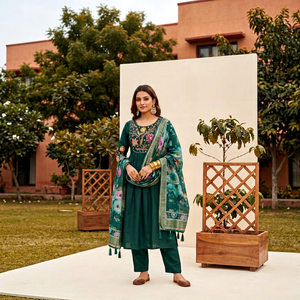 Conjunto de Kurti Floral Bordado Tradicional para Mujer con Chal de Chifón, Ropa Casual de Algodón, Atuendo de Primavera/Verano, Estilo India/Pakistán - Product Image 1