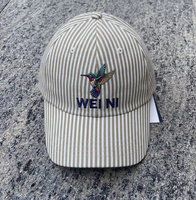 Cappellino da Baseball a 6 Pannelli in Cotone a Righe con Corona Morbida, Logo Ricamato 3D Personalizzato con Colibrì, Cappello Regolabile Stile Dad Hat