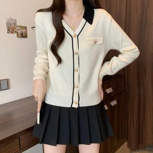 Autumn New Style Contrast Color Laps Metal Buckle Knitwear Sweet Long Sleeve Cardigan Sweater Elegant Coat Women - Product Image 3