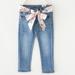 Spring Summer Girls' Comfortable Skin-Friendly <strong>Soft</strong> Slim Breathable Trendy Skinny <strong>Jeans</strong> for Kids with Ribbon - Product Image 3