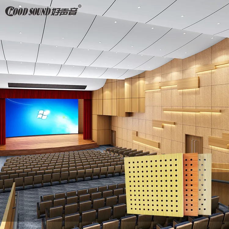 Goodsound หอประชุมตกแต่งเพดานและผนังแผ่นไม้อะคูสติกเจาะรูแผ่นไม้อะคูสติก3D การออกแบบแบบจำลอง