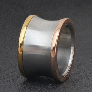 Three Color Smooth 15Mm Band <b>Ring</b> Stainless Steel Women's Fashion Jewelry Gift Round Geometric Shape Two Tone CG1361 - Product Image 1