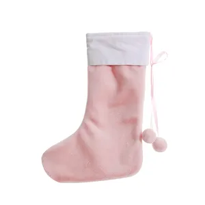 Wholesale Custom Santa Socks Gift Bag Pink Pom Poms Fur Sublimation Christmas Stocking