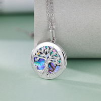 Pendentif commémoratif Grace Vintage pour femme en argent sterling 925 plaqué rhodium avec coquille d'ormeau et médaillon photo Arbre de vie/Arbre genealogique