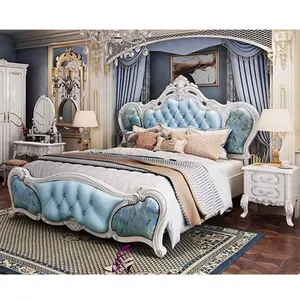 Furnitur asli Nappa kulit padat bingkai tempat tidur kayu berlapis kain gaya Eropa Master kamar tidur 1.8m tempat tidur mewah ganda