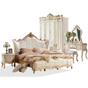 Champagne Color <strong>Antique</strong> Leather <strong>Bed</strong> French <strong>Style</strong> Hand Carved Bedroom Furniture Set European <strong>Bed</strong> - Product Image 4