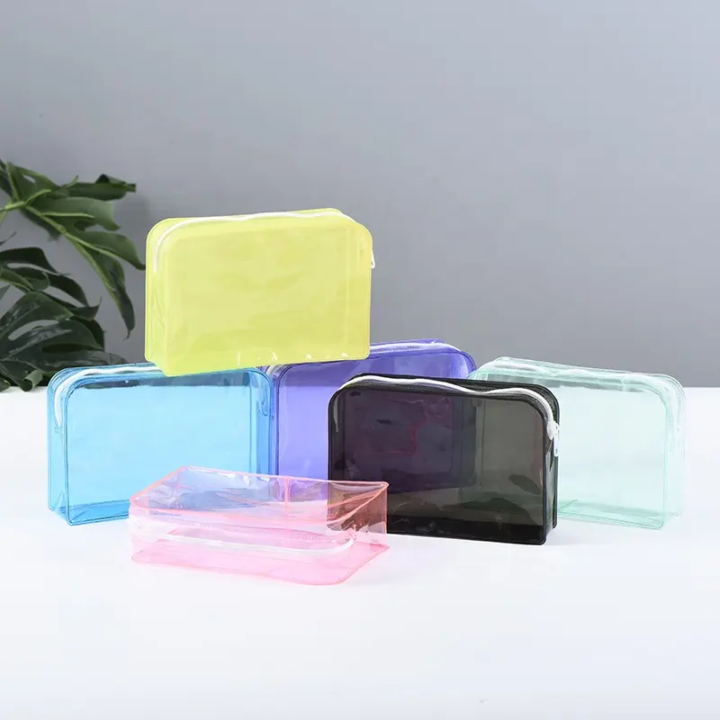 accept logo and size customized low MOQ PVC cosmetic pouch with zipper makeup bag clear transparent and colored material