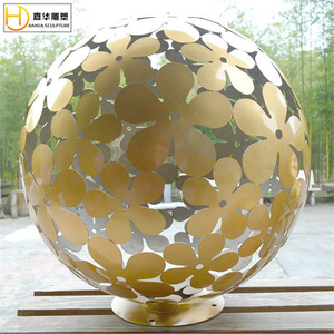Sculpture sphérique en acier inoxydable Jiahua, décoration de jardin extérieure ronde, montage au sol, motif floral abstrait - Product Image 1