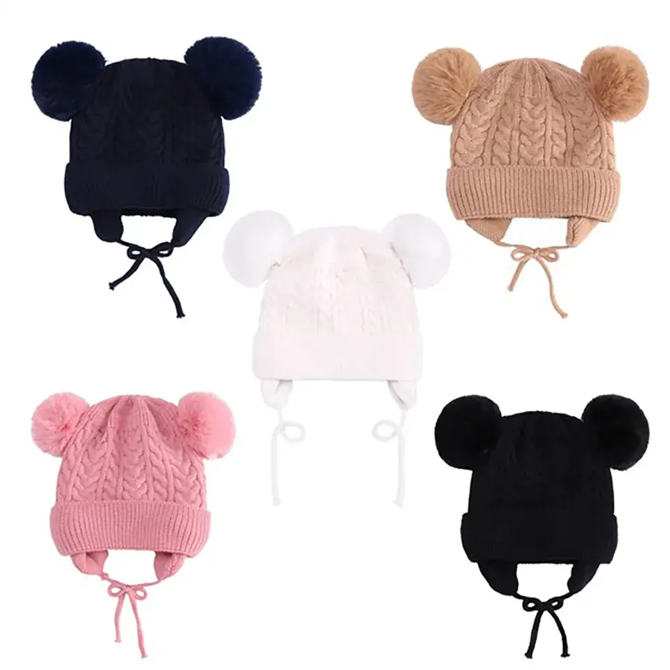 Oeko Tex 100 Chứng Nhận Đáng Yêu Bé Trẻ Em Dệt Kim Hat Beanie Toque Với Nắp Tai Và Pompon