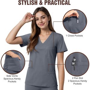 Blouse médicale pour femme à col en V, 4 poches, extensible, de qualité supérieure, uniforme d'hôpital, gris - Product Image 3