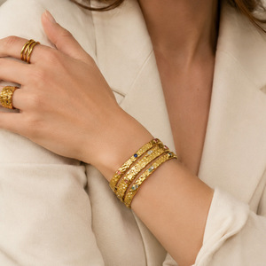 Waterproof Hammer Pattern High Polish Cuff Bangle Colorful Zircon Stainless Steel Gold Plated Female <b>Bracelet</b> - Product Image 1