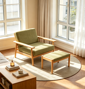 Fauteuil en bois de style mid-century moderne avec revêtement vert, dossier solide, chaise de détente pour salon, meubles de maison - Product Image 1