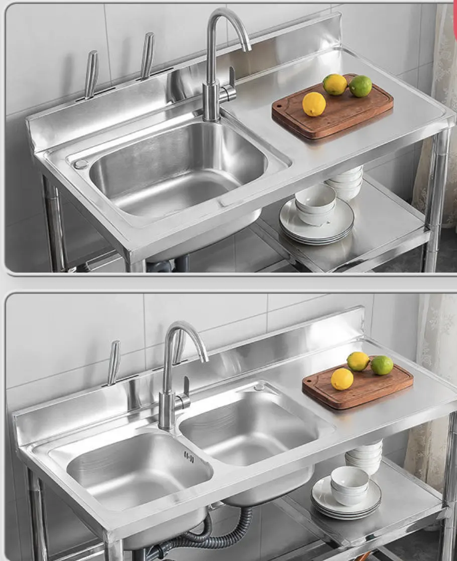 Vegetable Wash Basin 304 Stainless Steel Sink Large Commercial Double Slots Modern Kitchen Sink With Compartment Shelf