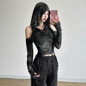 2025 verano <span class=keywords><strong>manga</strong></span> <span class=keywords><strong>larga</strong></span> con capucha camisetas fuera del hombro Sexy Harajuku camisetas mujeres Y2k moda estética Streetwear cinturón Crop Top - Product Image 4