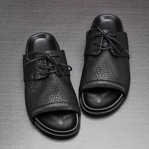 Sandali da uomo in vera <span class=keywords><strong>pelle</strong></span> con cinturino singolo, <span class=keywords><strong>ciabatte</strong></span> in <span class=keywords><strong>pelle</strong></span> bovina pieno fiore, sandali neri da esterno, scarpe da spiaggia casual con suola morbida - Product Image 1