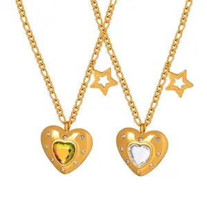 Ins heart and star 18k gold plated heart pendant necklace women stainless steel jewelry