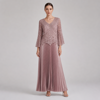 Robe Modeste Brodé Rose Poudré pour Femme, Jupe Longue Plissée à Perles et Manches Cloche, Tenue de Fête Musulmane pour l'Aïd, Vente en Gros, Nouveauté