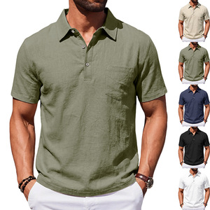Polo en lin pour homme, col simple, couleur personnalisable, coupe ample, respirant, manches courtes, idéal pour la plage - Product Image 1
