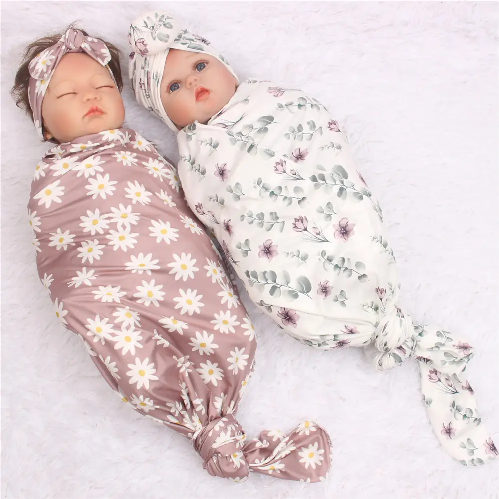 Newborn Baby Swaddle Blanket Baby Bedding Printed Floral Design Soft Cotton Baby Swaddle Wrap With Hat Headband Set