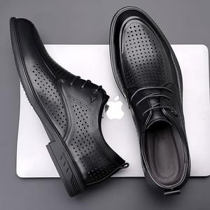 Chaussures d'été pour hommes en cuir pleine fleur, à lacets, antidérapantes, légères, formelles, à bout pointu, ajourées, respirantes, haut de gamme, décontractées - Product Image 3