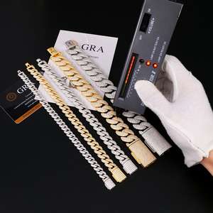 Pulsera de Cadena de Eslabones Cubanos de Plata 925 con Moissanita Redonda Estilo Arco, Chapada en Oro Blanco/Amarillo de 8-20mm, Venta al por Mayor, Hip Hop, para Hombre - Product Image 3