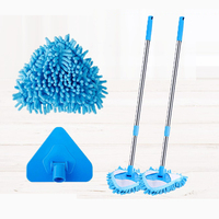 Recharge de serpillière triangulaire en chenille bleue avec manche en acier - Tampons en fibre résistants pour outils de plafond/poussière |   Conception à essorage automatique