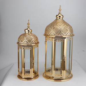 Juego de 2 farolillos de hierro marroquí de <span class=keywords><strong>Metal</strong></span> dorado, candelabro alto de Ramadán para el hogar, mesa, decoración de jardín, estilo elegante de vacaciones - Product Image 3