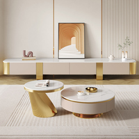 Ensemble de meuble TV et table basse en bois avec plateau en marbre de luxe moderne pour salon, beige, console flottante, design de meubles