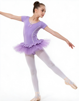 Robe de tutu de ballet à manches courtes pour filles, en spandex, avec nœud violet, bordure en strass, tulle à pois, costume de danse de scène pour enfants