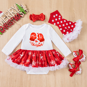 Christmas Snowflake Bag Fart Skirt Girls' Skirt Set Baby Long Sleeved Baby One-piece Skirt Four Piece Set Wholesale for Baby - Product Image 5