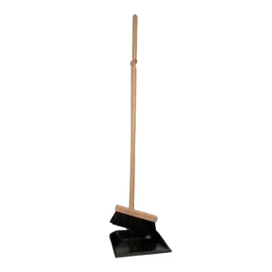 VIPaoclean Home Cleaning Natural Beech Wood Standing Broom And Metal Dustpan Set With Long-Handled