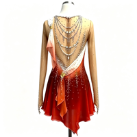 Robe de patinage artistique dégradé rouge-orange, maille nude, manches longues, strass, dos en V profond, costume de danse sur glace pour femmes et filles