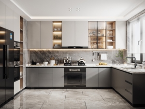 Meubles de <span class=keywords><strong>cuisine</strong></span> modulaires modernes Lesso Home en bois, verre, marbre, résine écologique, design 3D, évier, robinet, charnière, glissière de tiroir - Product Image 2