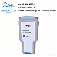 Cartucho de Tinta de Pigmento Compatible BOMA HP738XL con Chip Inteligente de 300 ml para Plotter de Formato Ancho HP DesignJet T850 T950 CAD