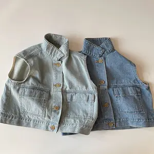 Colete jeans sem mangas para meninos e meninas, jaqueta casual de cor sólida para outono, roupas infantis