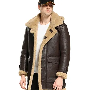2023 sheepskin shearling fleece leather jacket men aviator fur lined jacket
