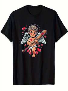 T-shirt pour homme noir pour la Saint-Valentin, design cœur avec ange Cupidon et batte de baseball, coupe classique, col rond, manches courtes, 100% coton - Product Image 1