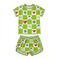 Ensemble de vêtements décontractés pour filles Yunmao, 2 pièces, tenue de vacances, haut à manches courtes et short à carreaux avec imprimé Grinch, vêtements d'été pour enfants, Noël