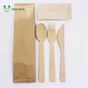 Set alat makan bambu biodegradable 100% k sekali pakai, termasuk pisau dibungkus individu kustom, garpu dan sendok set