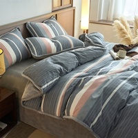 Ensemble de housse de couette et drap en flanelle de coton pur lavé, double face, motif rayé, écologique, 300 fils, chaleur hivernale, idéal pour le ski