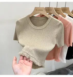 Boutique en gros 2024 été nouveau tricoté à manches courtes ourlet gland conception pour femmes T-shirts