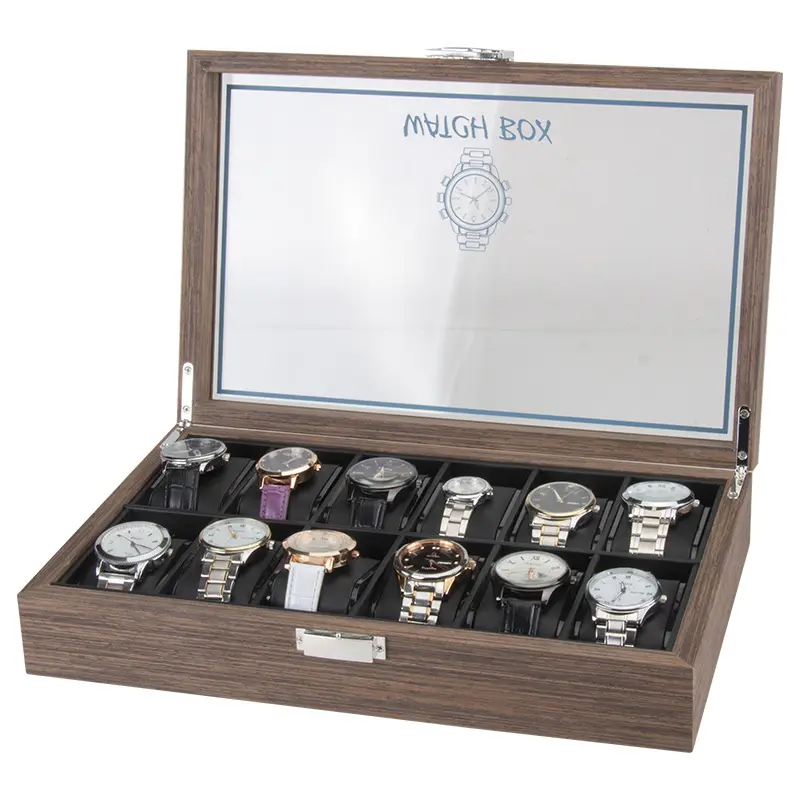 Boîte de rangement de montre en noyer, boîte de rangement pour 12 pièces affichage, boîtier avec serrure métallique, oreiller en cuir PU, vente en gros