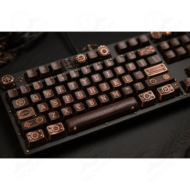 TechRexy Custom Steampunk Keycaps Brass Gear Engravings Gauge Symbols Copper Accents PBT Doubleshot MX Compatible 108 Keys