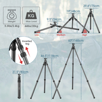 Trépied inversé en fibre de carbone 20 kg Manbily WZ-2836 63 pouces à angle bas pour la chasse, le repose-main et le télescope terrestre