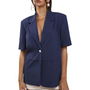 Veste de costume de bureau pour femme en lin mélangé <span class=keywords><strong>bleu</strong></span> <span class=keywords><strong>marine</strong></span>, coupe ample, col à revers, manches courtes, un seul bouton - Product Image 1